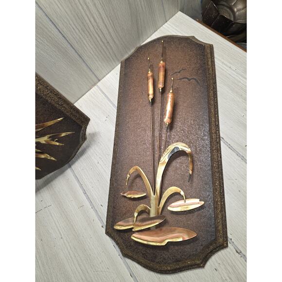 Vintage 70s Brass Wood Cattail Wall Plaques Set Of 2 Mid Century Modern - Picture 6 of 11